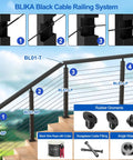 8 Ft Stainless Steel Cable Railing Handrail With Black Flat Top Rectangular Profile And End Caps For Deck And Stair Cable Railing System Built To Last Indoors Or Outdoors installed on stairs with assembly parts shown