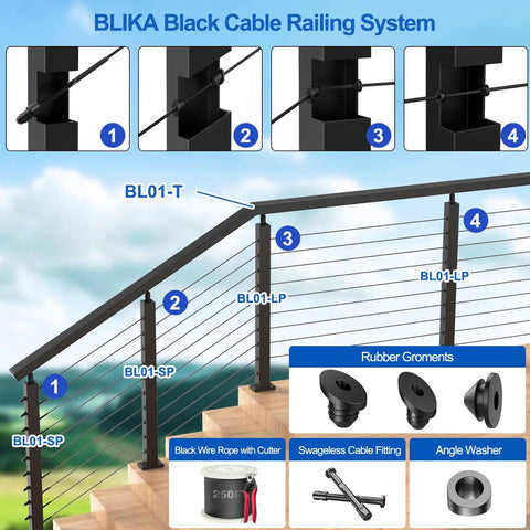8 Ft Stainless Steel Cable Railing Handrail With Black Flat Top Rectangular Profile And End Caps For Deck And Stair Cable Railing System Built To Last Indoors Or Outdoors installed on stairs with assembly parts shown