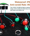 Green LED Indicator Light 110 To 220V AC Metal Built To Last Waterproof IP67 with wires shown in wet environment