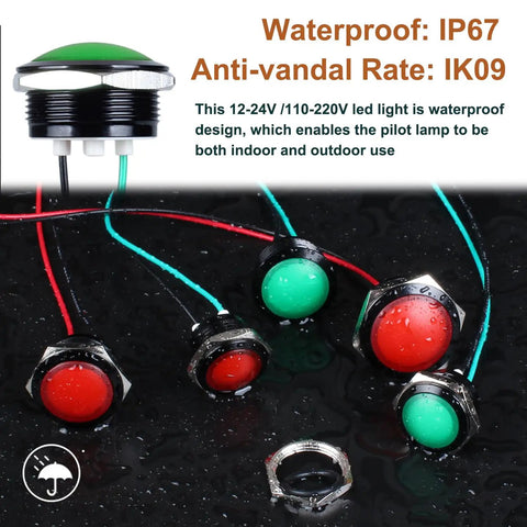Green LED Indicator Light 110 To 220V AC Metal Built To Last Waterproof IP67 with wires shown in wet environment