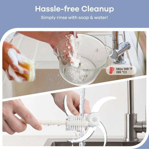 Cleaning the 8-cup glass bowl and blades of Food Processor Chopper And Meat Grinder with 2 speed settings under running water.