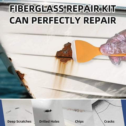 Fiberglass Boat Repair Kit White Gel Coat And Epoxy Filler fixing hull crack on yacht, demonstrating repair process