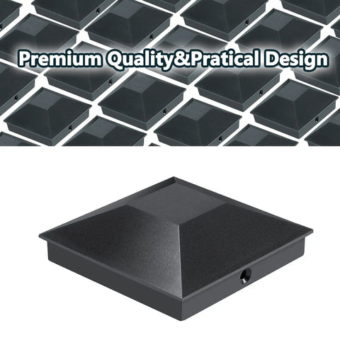 4x4 Wood Fence Post Cap 3.5x3.5 Inches Black, PP Plastic Waterproof UV Proof Keeps Posts From Cracking And Rotting, Fits 3.58x3.58 Inner Diameter, 24 Pack, Outdoor Weather Resistant Shield shown in grid and single closeup view.