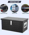 Heavy Duty 20 Inch Aluminum Diamond Plate Truck Bed Tool Box With Side Handle And Lock Keys shown in use for pick-up, RV, and trailers.