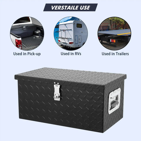 Heavy Duty 20 Inch Aluminum Diamond Plate Truck Bed Tool Box With Side Handle And Lock Keys shown in use for pick-up, RV, and trailers.