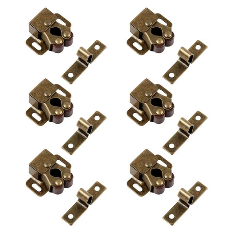 Six Pack Cabinet Door Latches With Screws, Bronze Finish Double Roller Catch Hardware arranged in a pattern