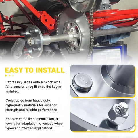 Go Kart Live Axle Hub 4x4 with one inch to three quarter inch step down, installed on 8 inch wheel showcasing its fit and installation ease.