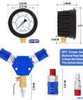 Workhorse 3 Way Air Manifold With 200 Psi Gauge showing measurements and NPT thread size details