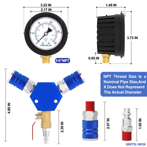 Workhorse 3 Way Air Manifold With 200 Psi Gauge showing measurements and NPT thread size details