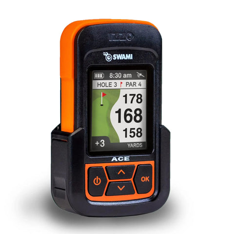 Swami Ace Handheld Golf GPS Rangefinder In Orange With Magnetic Case Displaying Yardage On Screen