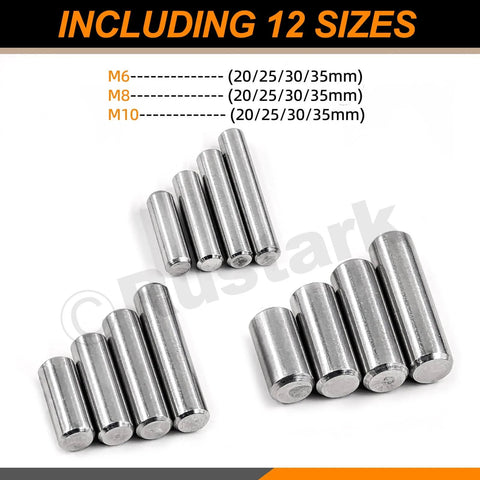 60 Pieces Stainless Steel Dowel Pin Kit With 12 Sizes M6 M8 M10 304 Grade Pins arranged on white background