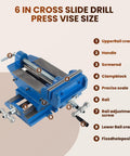 Labeled parts of a Beefy 6 Inch Cross Slide Drill Press Vise Workhorse Benchtop Clamp for Precision Milling and Drilling.