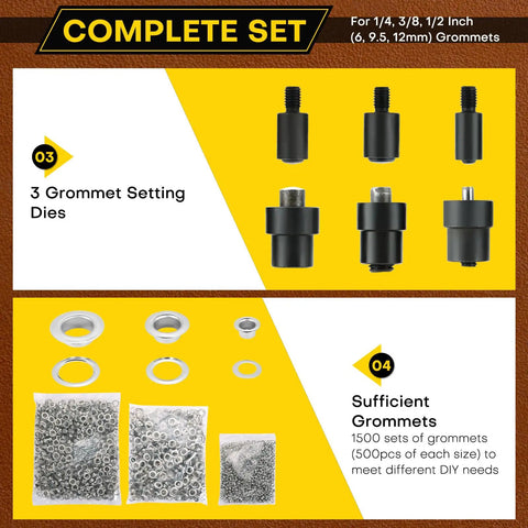 Image showing 3 grommet setting dies and 1500 silver grommets for Heavy Duty Hand Press Grommet Tool Kit With 3 Dies And 1500 Silver Grommets, Grommet Punch Machine For DIY, Craft, Sign Making, Leather And Fabric Projects, Portable Easy To Use And Durable.