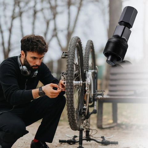 Bike Crank Puller Tool For Quick Crank Removal Pro Grade Crank Arm Extractor with inset of tool and person fixing bike