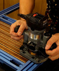 Heavy Duty Adjustable Juice Groove Routing Jig Built From Tough Anodized Aluminum With Secure Hold Downs And Precision Centering Blocks in use.