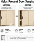 Tough As Nails Vertical Track Roller With Durable Rubber Caster For Super Smooth Sliding Door Operations Anti Sag Support System Side Or Vertical Mount Replacement Hardware Kit Closets before and after showing door sag prevention.