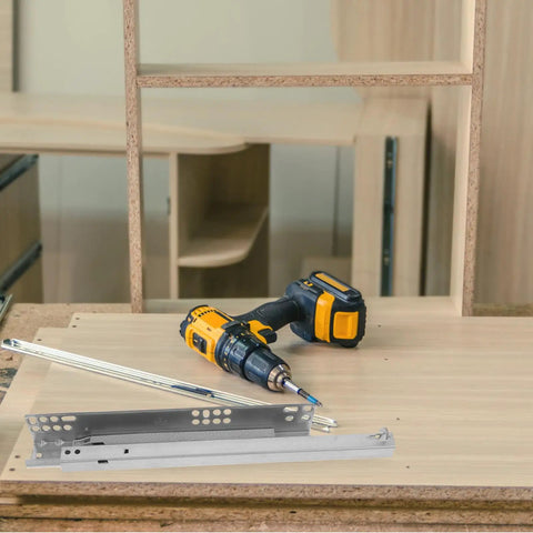 Two Pack Drawer Slide Rails With Silent Buffer And Soft Close, cold-rolled steel, next to drill on wood surface for easy install