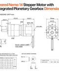 Geared NEMA 14 stepper motor with integrated planetary gearbox; dimensioned drawing with mounting pattern and wiring.