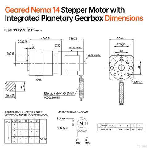 Geared NEMA 14 stepper motor with integrated planetary gearbox; dimensioned drawing with mounting pattern and wiring.
