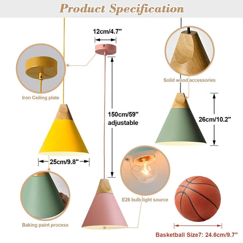 Product specification for Cone Pendant Lights 3 Pack For Kitchen Island Small Nordic Barn Style Pendant Fixtures Pink Indoor Ceiling Lighting For Dining Room Modern Colorful Vibe Pendant Light Set with measurements and details.
