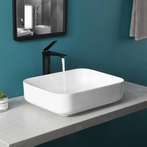 Rectangular Vessel Sink For Bathroom In White Porcelain Ceramic, Sleek Above Counter Design, 19.5 By 15.6 By 5.2 Inches