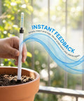 Dual Pack 14 Inch Floating Water Level Indicator For Plants With Buoy Moisture Meter Gauge To Track Real Time Hydration For Indoor Outdoor Planters And Flower Pots Preventing Soil Shortage And Overwatering. Hand holding 14-inch plastic plant water level gauge in terracotta pot