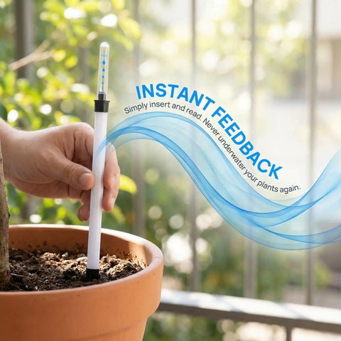 Dual Pack 14 Inch Floating Water Level Indicator For Plants With Buoy Moisture Meter Gauge To Track Real Time Hydration For Indoor Outdoor Planters And Flower Pots Preventing Soil Shortage And Overwatering. Hand holding 14-inch plastic plant water level gauge in terracotta pot