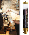 Super Heavy Duty Wall Mounted Coffee Bean Dispenser 10 Liter Airtight Gold Canisters With Clear Acrylic Front And Slam Shut Aluminum Lid For Busy Cafe Crew And Home Bars Set Of Four with coffee beans visible.