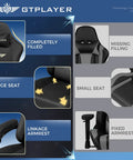 Comparison of GTPLAYER chair features with large seat, filled lining, linkage armrest vs. small seat, missing filling, fixed armrests.
