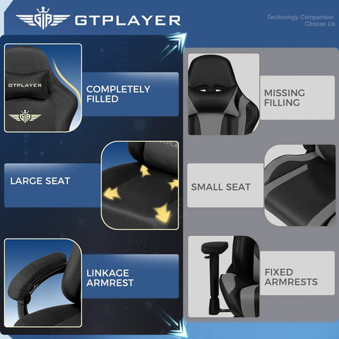 Comparison of GTPLAYER chair features with large seat, filled lining, linkage armrest vs. small seat, missing filling, fixed armrests.