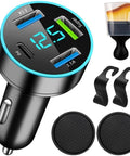 Superfast Eighty Eight Watt Four Port USB C Car Charger With Digital Voltmeter PD QC 3.0 in car socket with display.