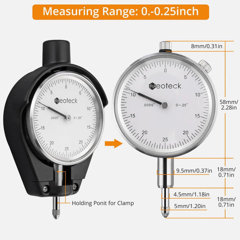 Neoteck dial bore gauge set, front view, chrome-plated handle, 2-6in extender, 11 carbide anvils