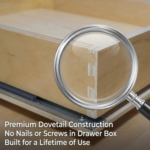 Close-up of premium dovetail construction on High End Pull Out Cabinet Drawer 16 Inch Wide By 21 Inch Deep Crafted From Solid 9 Ply Baltic Birch Wood.