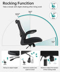Diagram of ergonomic desk chair with adjustable lumbar support and flip up armrests, showing rocking function angles for home office.