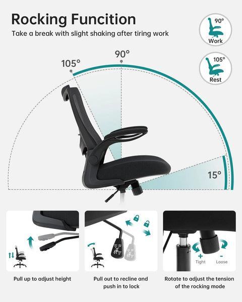 Diagram of ergonomic desk chair with adjustable lumbar support and flip up armrests, showing rocking function angles for home office.