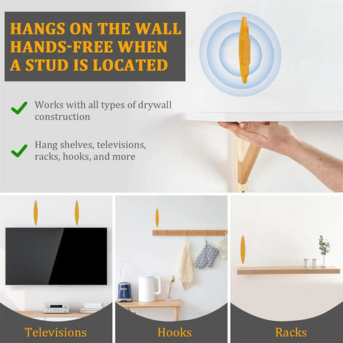 Hands-free operation of Lonfgrc High Sensitivity Magnetic Studs Sensors Tool for Drywalls and Wood Wall Builtin Technology Red with detected stud.