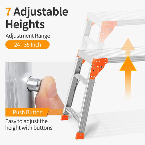 All In One Grab And Go Adjustable Work Platform And Folding Ladder Aluminum Construction 330 Lb Capacity 24 To 35 Inch Reach Heavy Duty Portable Work Bench Stool With Non Slip Feet push-button height adjustment