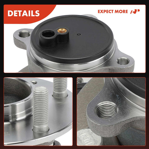 Rear Wheel Bearing And Hub Assembly With 5 Lug For Mazda 3 2019 Through 2023 And CX 3 2020 Through 2021 FWD Only Drop In Direct Bolt On Replacement Built In Japan For Reliable Smooth Rides And Precise Wheel Alignment shown in detail shots
