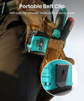 Person with Do It All Laser Distance Meter And Digital Tape Measure With 130 Ft Range clipped to tool belt.
