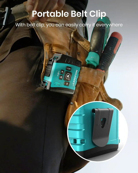 Person with Do It All Laser Distance Meter And Digital Tape Measure With 130 Ft Range clipped to tool belt.