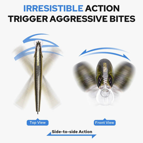 Suspending Jerkbait Minnow Lure With Sound, Flash, Glow Brighter, And Rattle Louder For Bass Walleye Pike And Catfish Neutral Buoyancy Cast Farther Irresistible Action Precision Engineered, top and front view