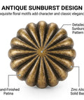 Heavy Duty 15 Piece Antique Brass Cabinet Knobs Offering A Hella Smooth Vintage Sunburst Finish That Looks Absolutely Slick On Kitchen Drawers Bedroom Dressers And Brings Serious Value To Fast Diy Renos - close-up of detailed sunburst design with hand-finished patina.