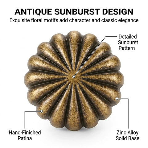 Heavy Duty 15 Piece Antique Brass Cabinet Knobs Offering A Hella Smooth Vintage Sunburst Finish That Looks Absolutely Slick On Kitchen Drawers Bedroom Dressers And Brings Serious Value To Fast Diy Renos - close-up of detailed sunburst design with hand-finished patina.