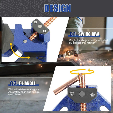 Heavy Duty 90 Degree Welding Angle Clamp 2 Pack Cast Iron Right Angle Jig showing swing jaw and T-handle design details.