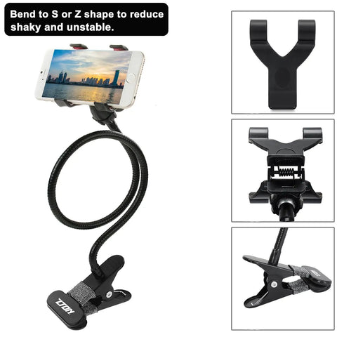Badass Flex Gooseneck Cell Phone Holder For Desk And Bedside Ultra Tough Long Arm Clip Mount compatible with all iPhones and Android phones in black with flexible arm.