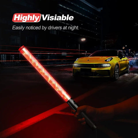 4 Pack 21 Inch LED Traffic Wands With Two Flashing Modes, Safety Light Baton in use near a car at night