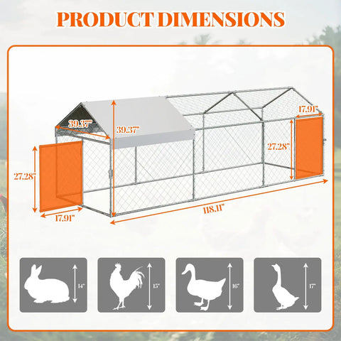 Dimensions of Walk-In Chicken Coop With Run 120x40x40 Inch Outdoor Backyard Poultry Pen Heavy Duty Galvanized Steel