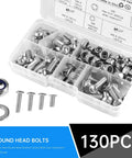 130 Piece Stainless Steel Hex Head And Round Head Screws Kit With Nuts For Industrial Fastening And Repairs, Built Tough 304