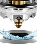 Close-up of Bathtub Drain Stopper Pop Up Tub Stopper Hair Catcher over a drain with water splashing.