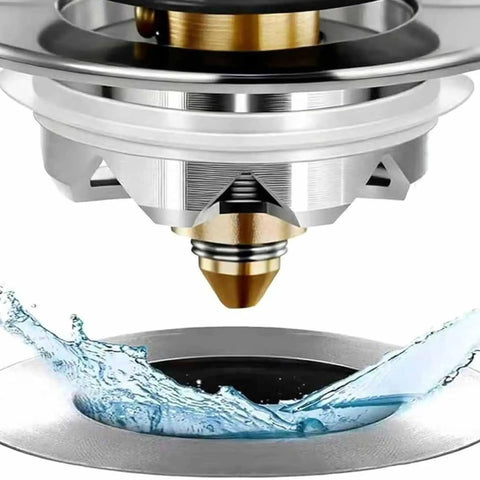 Close-up of Bathtub Drain Stopper Pop Up Tub Stopper Hair Catcher over a drain with water splashing.